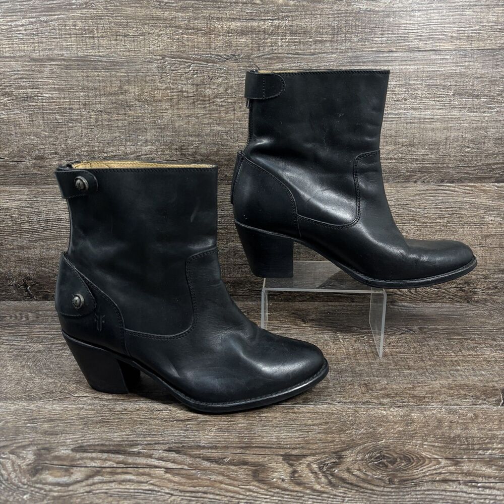 Frye Jackie Short Boots Womens 7 Black Leather Zip Ankle Heeled Western Moto